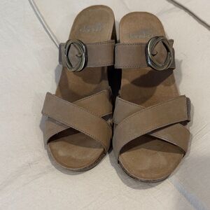 Dansko Taupe Crisscross Slide Sandals with Round Buckle